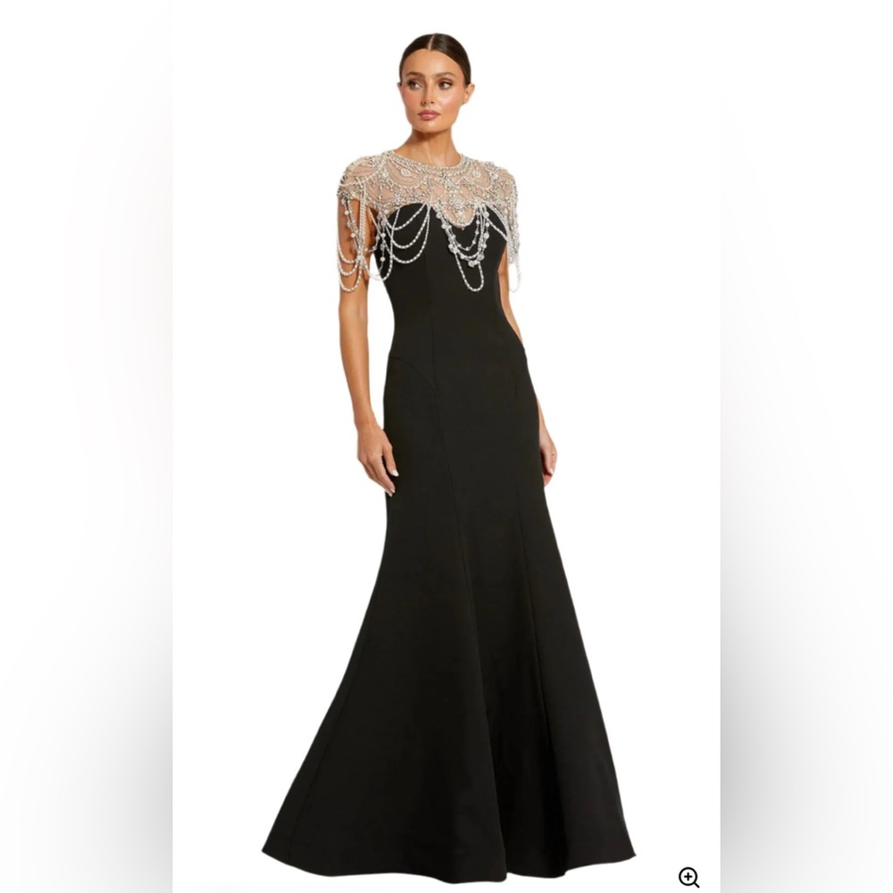 Mac Duggal Elegant Black Evening Gown with Rhinestones & Pearls